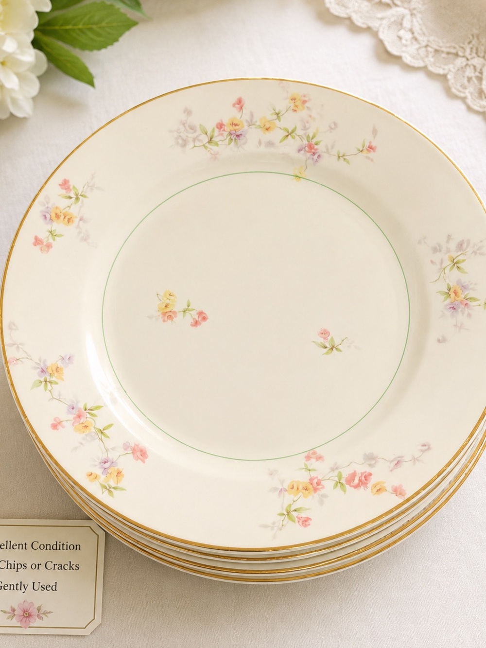 Othr White Porcelain Dinner Plate with Pink, Yellow & Green Floral Trim